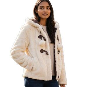 YOKI GIRLS CREAM & BROWN FAUX FUR HOODED JACKET W/POM POMS SZ.YMM GUC.
